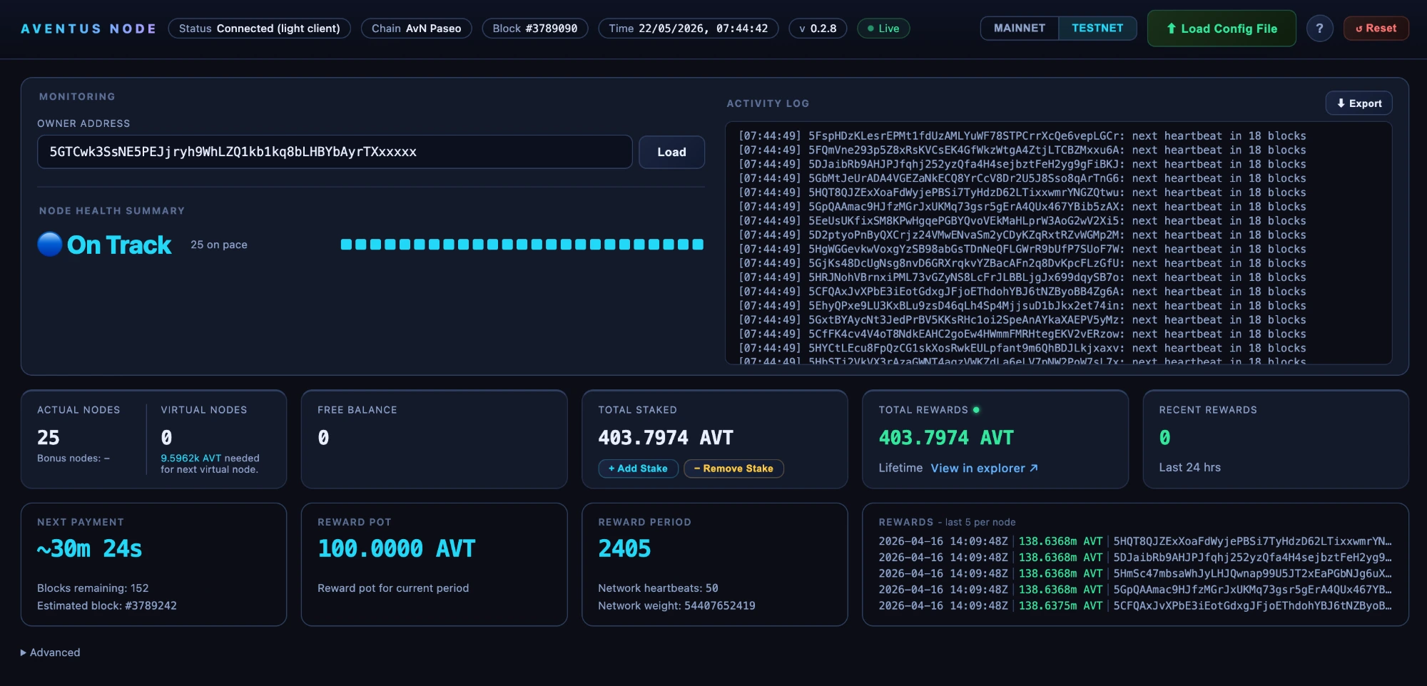 Aventus Node Dashboard — connected light client, on-track health summary, activity log, staking, and rewards