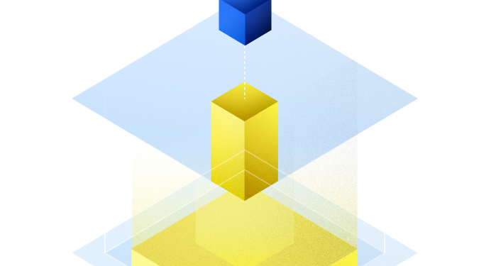 Abstract 3D illustration of a blue cube connecting to a yellow pillar